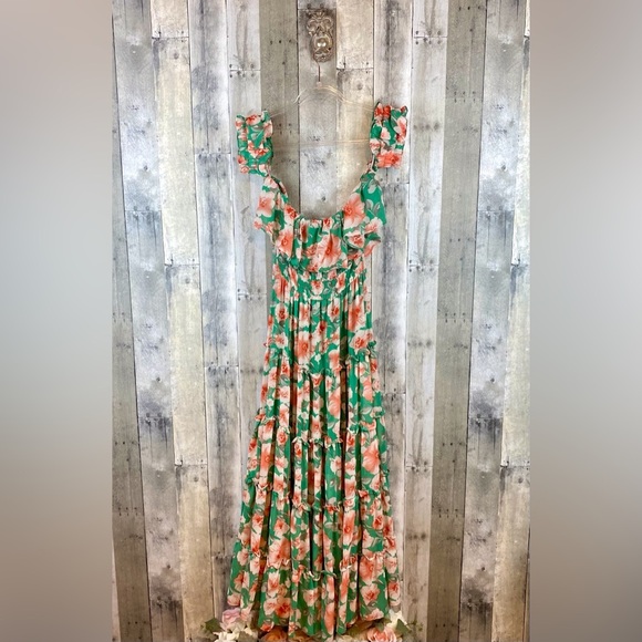 Lulus Chance For Us Green Floral Off-the-Shoulder Ruffled Maxi Dress Size Large. - Picture 2 of 16